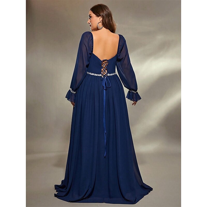 A-Line Evening Gown Elegant Dress Formal Wedding Floor Length Long Sleeve Square Neck Chiffon with Pleats3