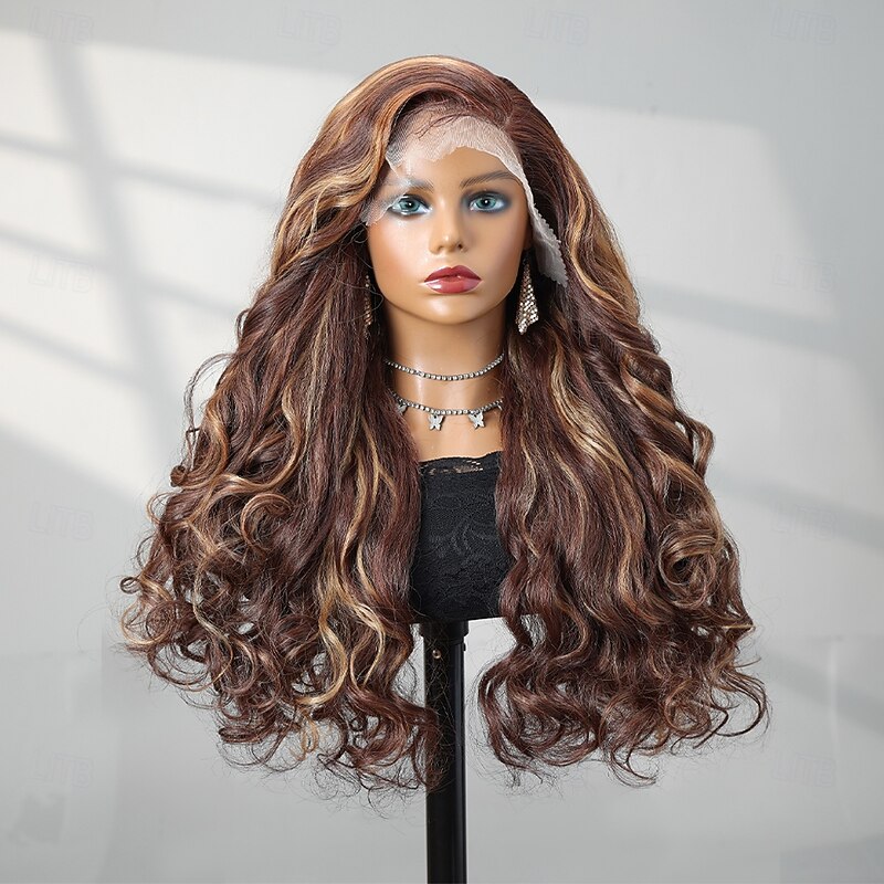 Synthetic Lace Wig Deep Curly Style 22 inch Multi-color Middle Part 13x4 Lace Front Wig Women's Wig Dark Brown3