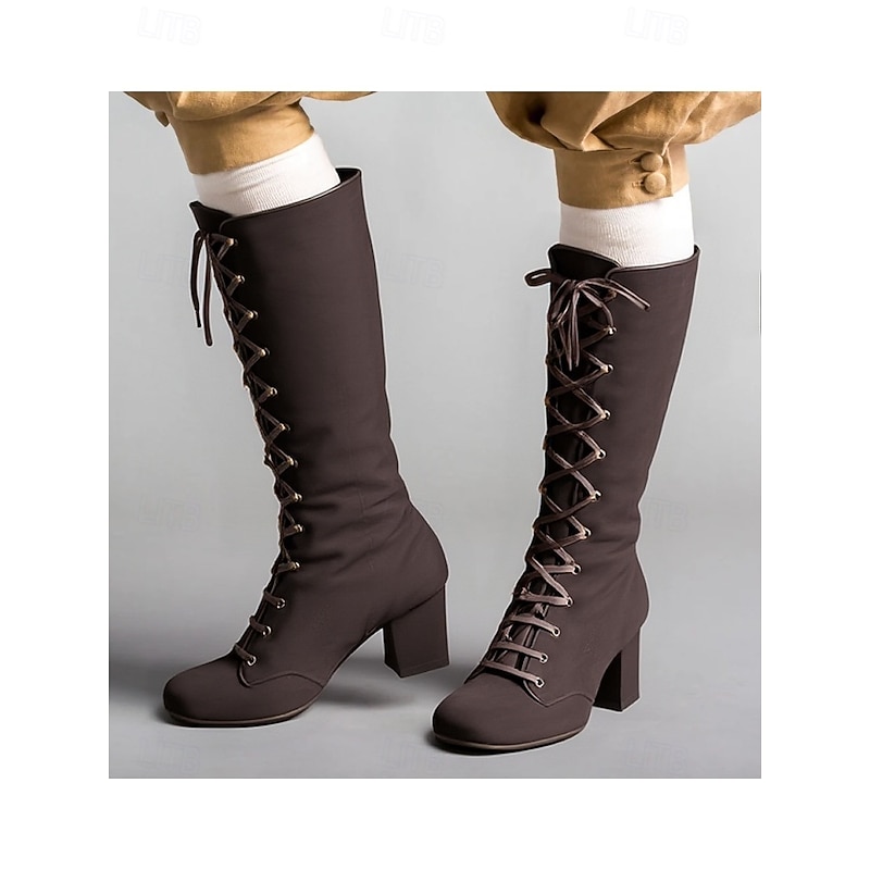 Women's Black Lace-Up Knee-High Boots – Vintage Chunky Heel Faux Suede Boots for Autumn Winter Fashion2