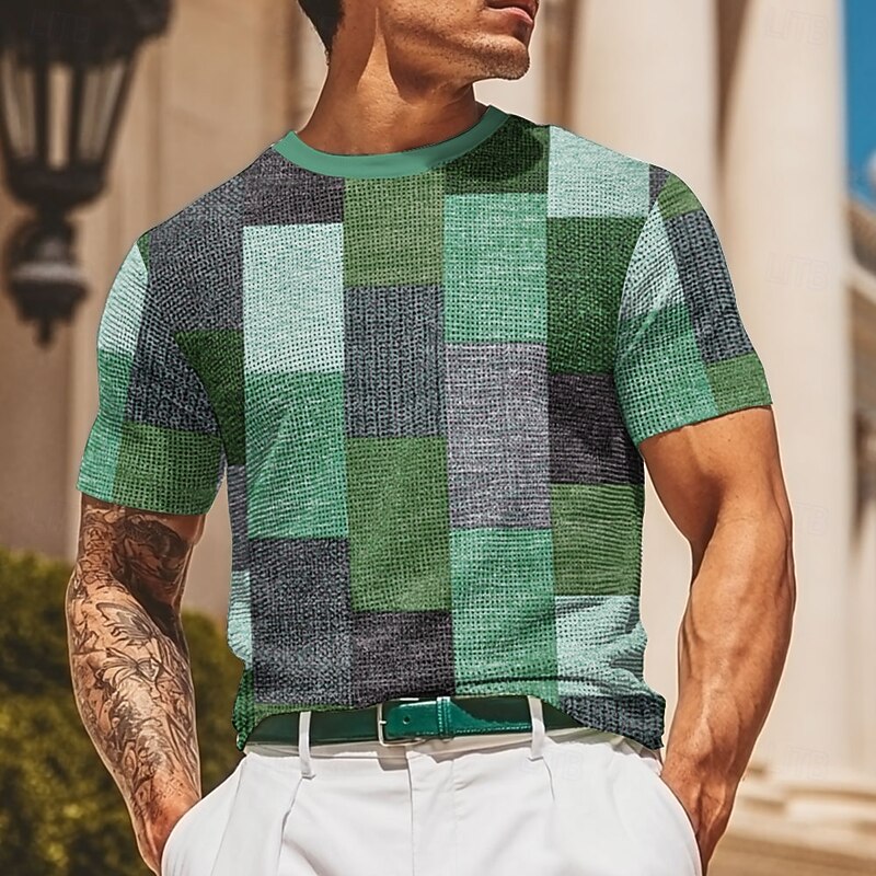Men's Geometric Line Waffle Shirt Short Sleeve T shirt 3D Print Crew Neck Shirt Fashion Casual Comfortable Street Casual Daily Red Blue Green Summer Spring Clothing Apparel S M L XL XXL XXXL3