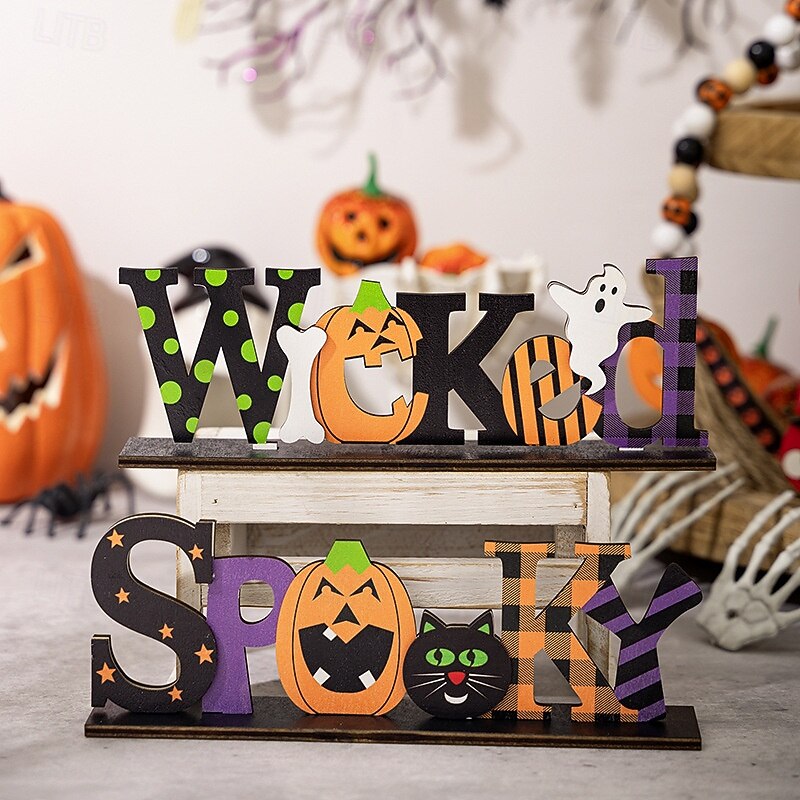 Halloween Wooden Centerpiece Sign Decor, Spooky Wooden Letter Stand for Halloween Table Display, DIY Haunted House Party Decoration