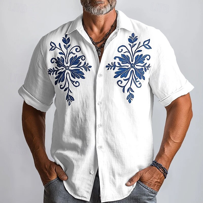 Men's Linen Shirt Summer Shirt Beach Wear Button Up Shirt Floral Vacation Casual White Blue Khaki Short Sleeve Turndown Summer Spring Clothing Apparel