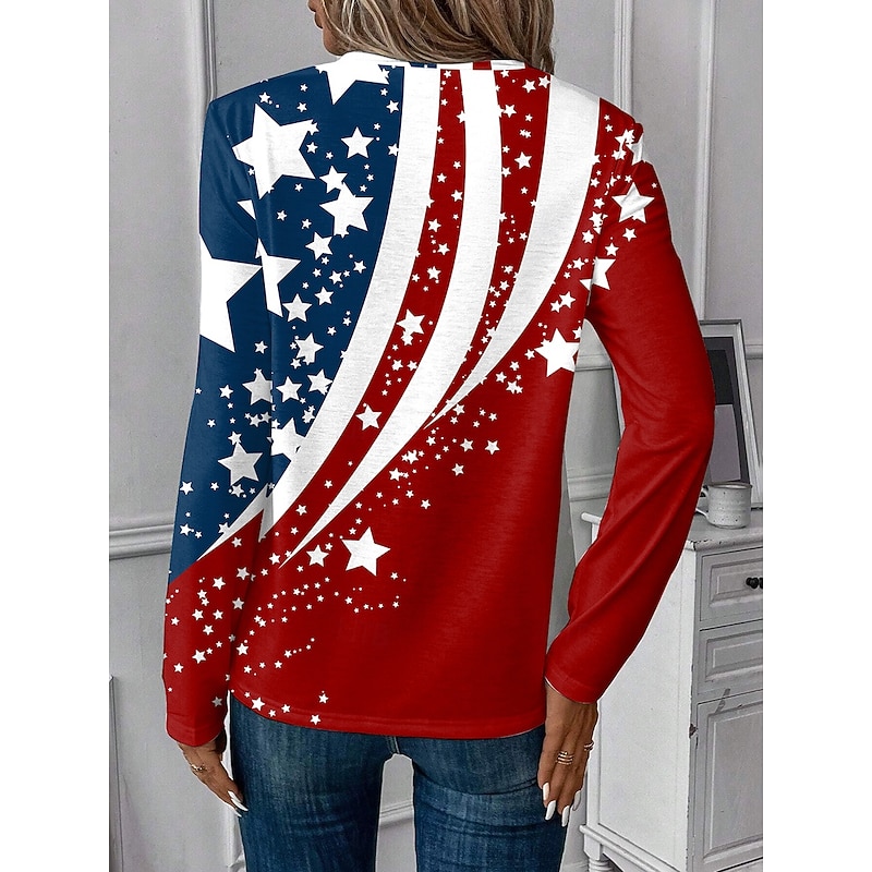 Women's Patriotic T Shirt V Neck Long Sleeve Tunic Geometric National Flag Elegant Vintage Stylish Regular Tops Daily Weekend Print Red Navy Blue Blue  Spring Prefall2