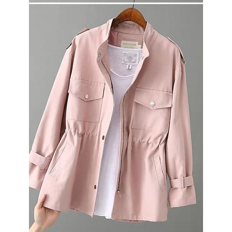 Women's Casual Jacket Comfortable Breathable Pocket Casual Plain Street Casual Daily Wear Zipper Regular Turndown Loose Fit Long Sleeve Outerwear Black White Pink Summer2