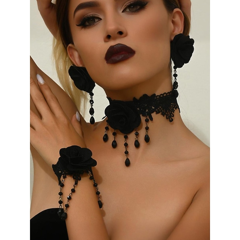 Women's Gothic Red Rose Jewelry Set with Lace Choker, Earrings and Bracelet, Vintage Victorian Costume Accessories for Halloween Party and Gothic Fashion