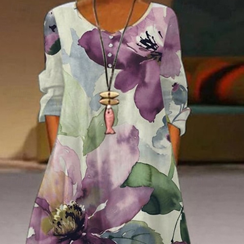 Women's Long Dress Maxi Dress Casual Dress Print Dress Elegant Fashion Classic Outdoor Vacation Holiday Regular Fit Flower Long Sleeve V Neck Purple Spring Fall2