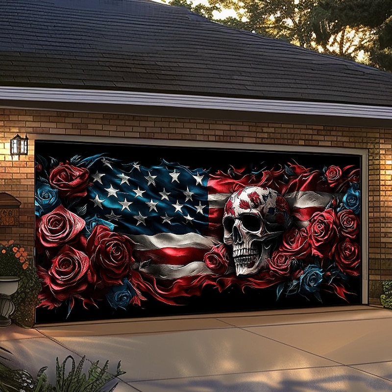 Halloween Door Decorations Garage Door Cover Skull 4th of July Independence Day Outdoor Banner Large Backdrop for Holiday Outdoor Garage Door Home Wall Decorations2
