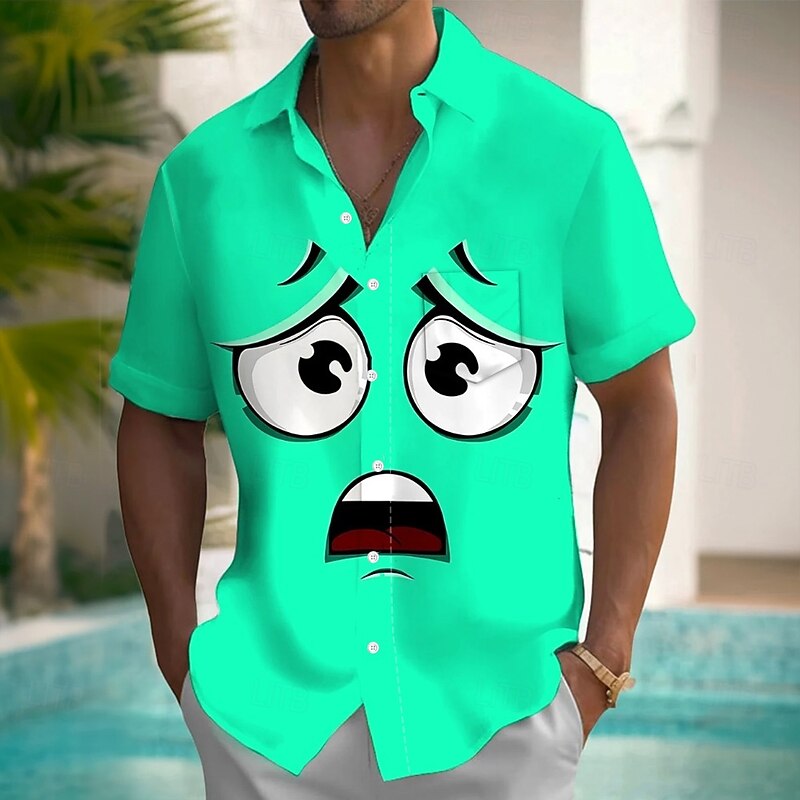 Men's Cartoon Funny Human face Shirt Summer Shirt Button Up Shirt Short Sleeve Fashion Casual Vacation Party Holiday Summer Spring Turndown 3D Print Collared Shirts Front One Pocket Green