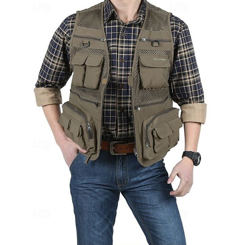 Men's Fishing Vest Hiking Vest Sleeveless Vest Outdoor Breathable Quick Dry Lightweight Winter Zipper Multiple Pockets Polyester Black Army Green Red Hunting Fishing Climbing3