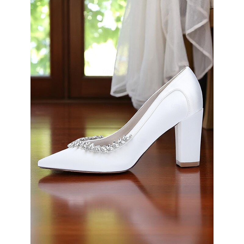 Women's Pink Satin Block Heel Wedding Pumps, Pointed Toe Rhinestone Embellished Bridal Shoes for Formal Ceremonies and Elegant Events4