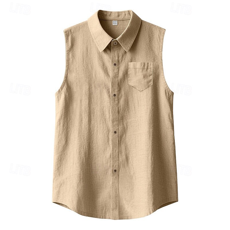 Men's Shirt Linen Shirt Casual Shirt Button Up Shirt Cotton Shirt Plain Vacation Street Black White Yellow Navy Blue Sleeveless Turndown Summer Clothing Apparel Buttons4