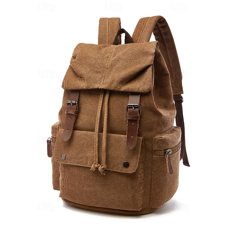 Men's Vintage Canvas Backpack with Leather Straps, Multi-Pocket Travel Rucksack for School, Work, Hiking and Outdoor Use