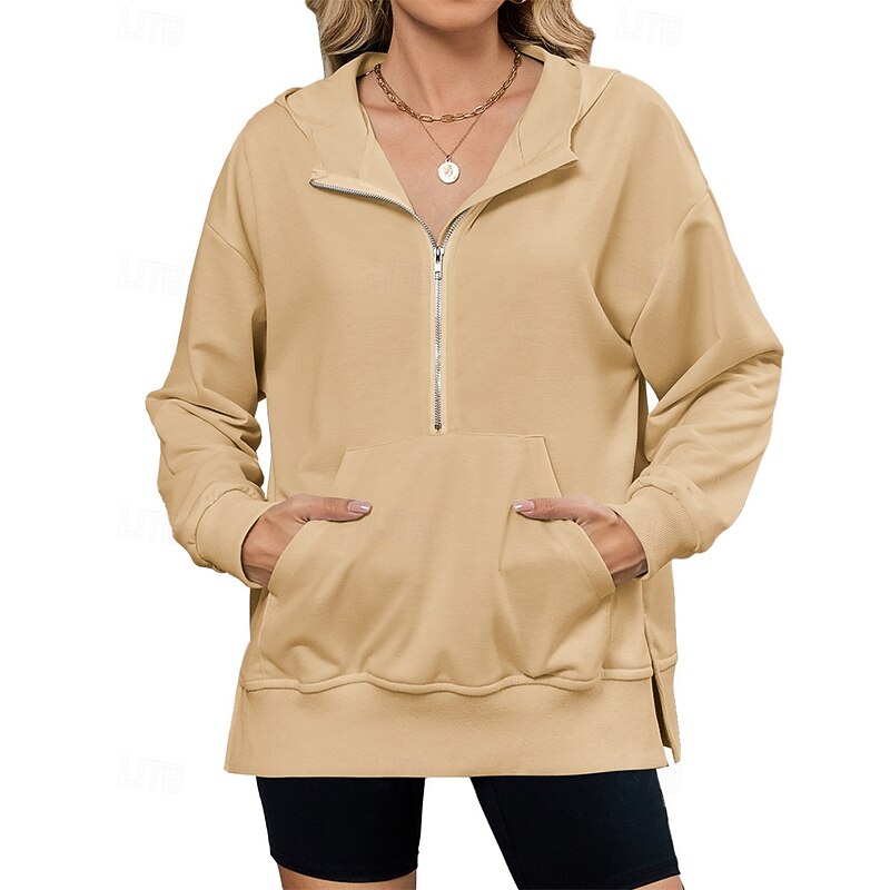 Women's Pullover Hoodie Sweatshirt Plain Streetwear Casual Comfy Long Sleeve Hooded Regular Tops Street Holiday Going out Half Zipper Quarter Zipper Front Pocket Quarter Zip Black Pink Blue Khaki Gray4