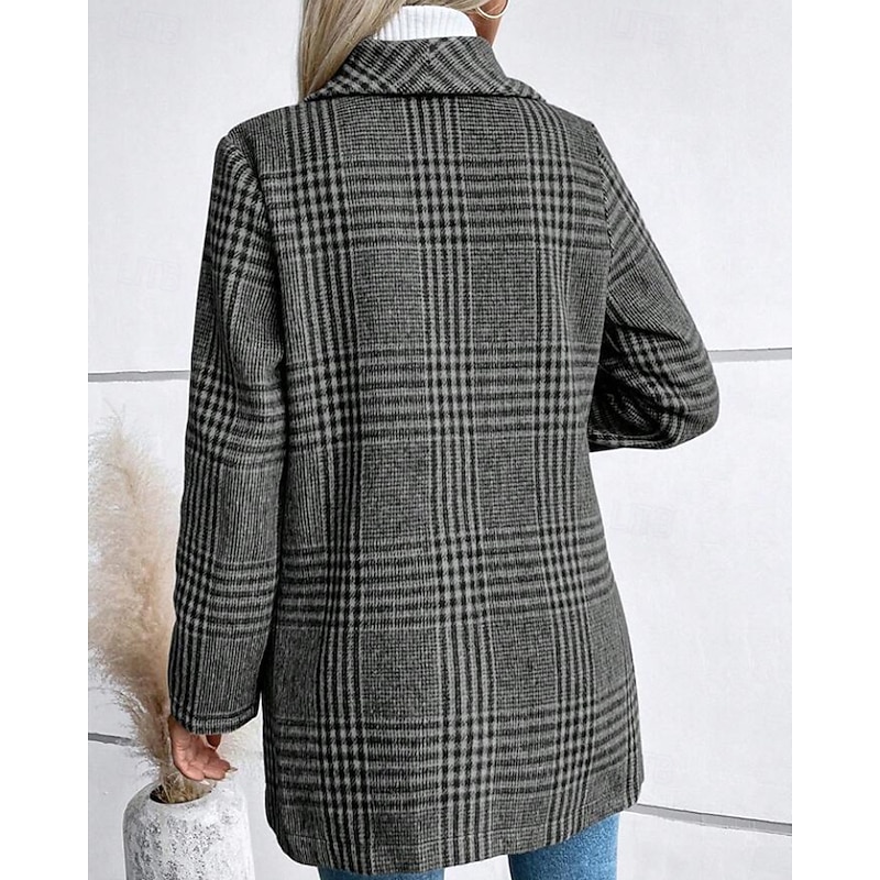 Women's Coat Warm Comfortable Buttons Casual Plaid Outdoor Holiday Single Breasted Regular Turndown Regular Fit Long Sleeve Outerwear Red Camel Gray Fall Winter4