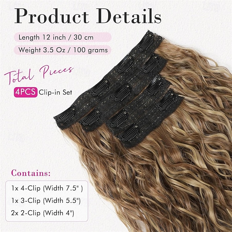 Clip in Hair Extensions - 4PCS 12 Short Curly Wavy Brown Hair Extensions with Invisible Lace Weft and Highlights3