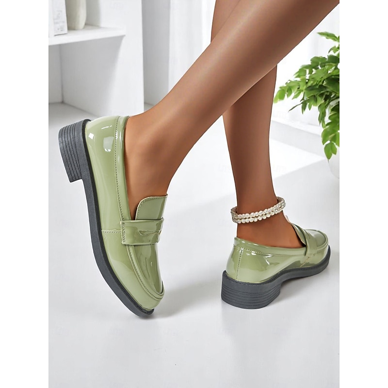 Women's Glossy Faux Leather Loafers with Round Toe and Low Heel, Elegant Slip-On Work Shoes for Urban Professionals, All-Day Wear3