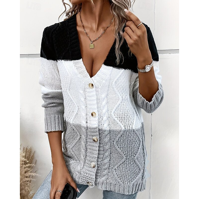 Women's Sweater Cardigan Casual Color Block Ribbed V Neck Patchwork Knitted Long Sleeve Regular Tops Knit Outdoor Home Daily Black Fall2
