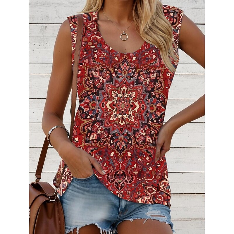 Women's Camisole Tank Top Graphic Geometric Bohemia Vintage Daily Sleeveless Crew Neck Regular Tops Daily Print Black White Red Blue Khaki Summer Spring