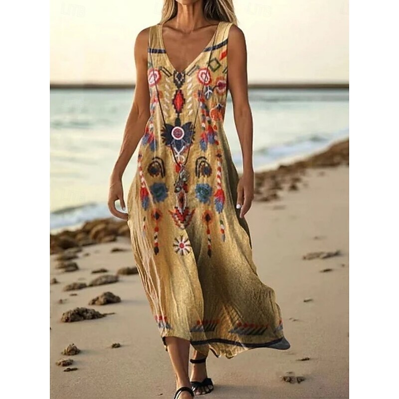 Women's Long Dress Maxi Dress Casual Dress Tank Dress Summer Dress African Daily Holiday Beach Regular Fit Geometric Tribal Sleeveless V Neck Red Khaki Summer