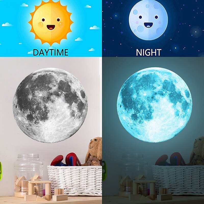 Moon Blue and Green Glow in The Dark Wall Sticker, Luminous Night Background Decal for Living Room and Bedroom Self-Adhesive Wall Decoration