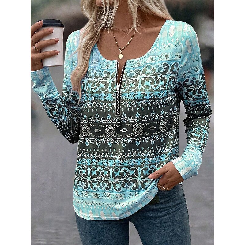 Women's T Shirt Quarter Zip Long Sleeve Casual Ombre Color Gradient Elegant Stylish Modern V Neck Regular Tops Daily Pink Blue Summer Spring3