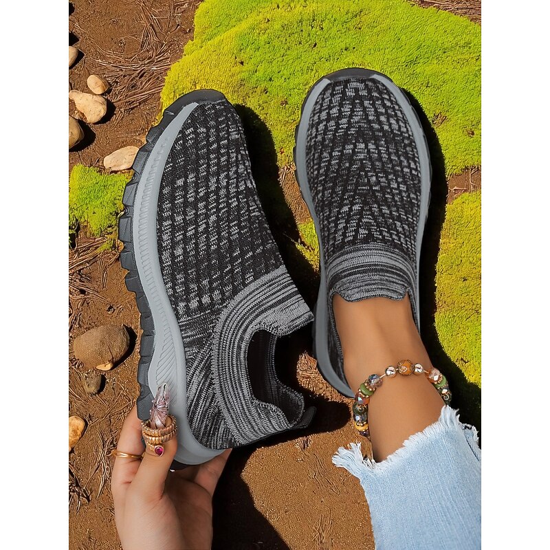 Women's Black Flyknit Trail Running Sneakers – Slip-On Hiking Shoes with Cushioned Grip Sole for Outdoor Adventure and Forest Walks3