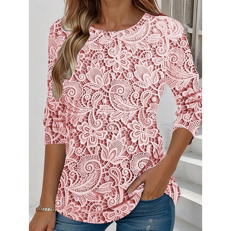 Women's T shirt Long Sleeve Crew Neck Long Sleeve Tunic Floral Graphic Vintage Stylish Classic Regular Tops Daily Weekend Print Pink Blue Purple Green off-white  Prefall4