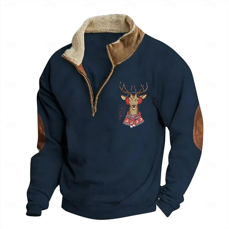 Men's Sweatshirt Quarter Zip Sweatshirt Black Navy Blue Brown Gray Half Zip Color Block Reindeer Half Zip Print Sports & Outdoor Daily Holiday Polyester Vintage Streetwear Casual Fall & Winter3