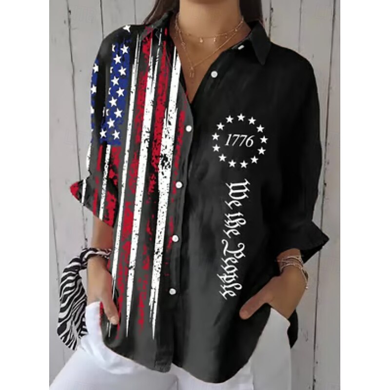 Women's Patriotic Shirt Graphic Flag Vintage Tropical Stylish Regular Tops Work Daily s Print Black White Red Light Blue Fall2