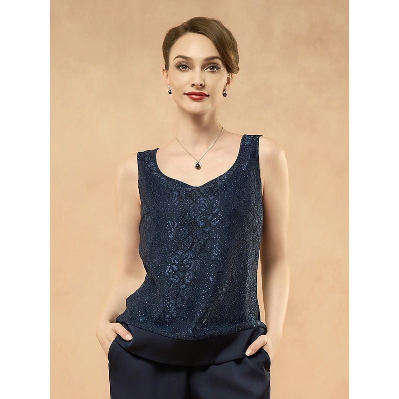 Women's Satin Shirt Lace Splicing Top Evening Tops Solid Color Elegant Stylish Semi Formal Attire Sleeveless Crew Neck Regular Tops Evening Party Formal Wear Cocktail Attire Lace Rhinestone Navy Blue