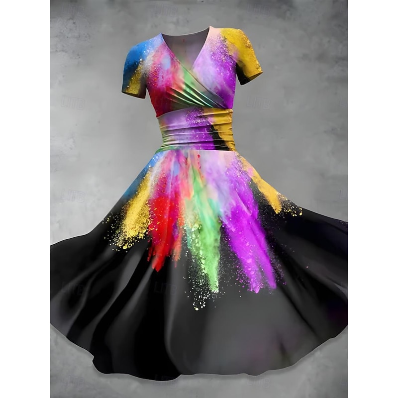 Women's Midi Dress A Line Dress Summer Dress Fit And Flare Dress Party Casual Daily Holiday Regular Fit Graphic Geometric Color Block Short Sleeve V Neck Black Purple Green Summer2