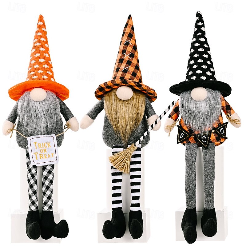 Halloween Long Leg Gnome Decoration with Hanging Legs, Rudolph No-Face Doll Figurine, Broomstick Witch Doll Ornament4