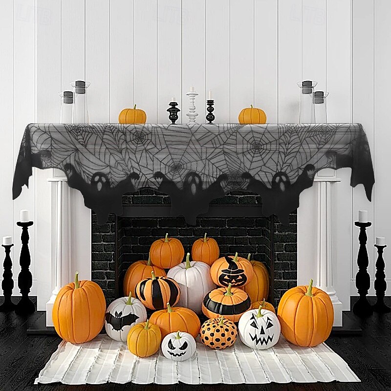 Halloween Decorations Lace Black Spiderweb Fireplace Mantle Cover Scarf Spider Web Table Runner Wall Sticker, Yomiie Decals Festive Kitchen Decor Party Supplies Decoration