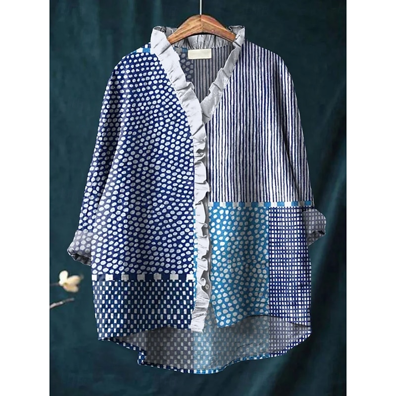 Women's Shirt Button Down Blouse Striped Stylish Casual Long Sleeve V Neck Regular Tops Daily Buttons Print Red Blue Fuchsia Khaki Summer Spring3