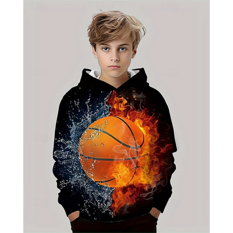Boys' 3D Basketball Hoodie Long Sleeve Spring Fall Fashion Streetwear Kids 4-12 Years Hooded Outdoor Casual Daily Regular Fit - Main Image