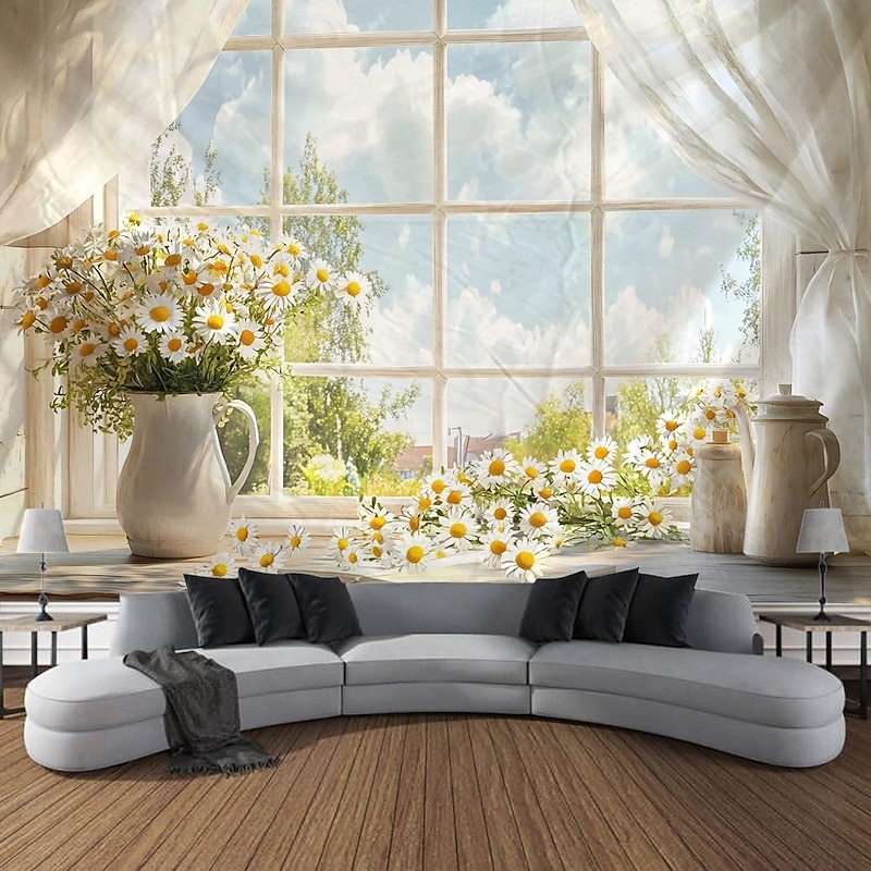 Window Flowers Plants Flowers Scenery Tapestry Decorative Art Carpet Curtains Hanging Home Bedroom Living Room Decoration