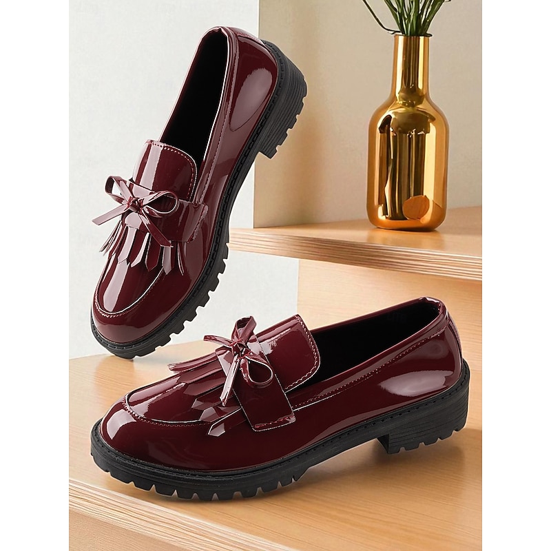 Women's Burgundy Patent Leather Loafers with Tassel and Bow, Vintage Flat Shoes for Casual Dates and Daily Wear2