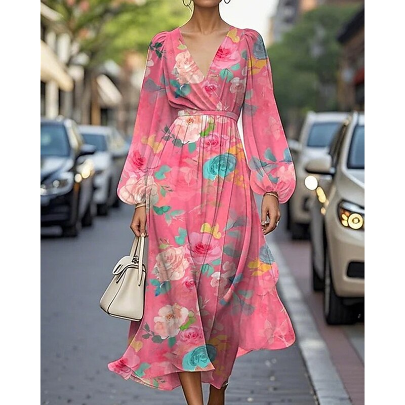Women's Midi Dress Casual Dress Print Dress Elegant Fashion Outdoor Party Holiday Regular Fit Flower Long Sleeve V Neck Pink Blue Green Summer Spring2
