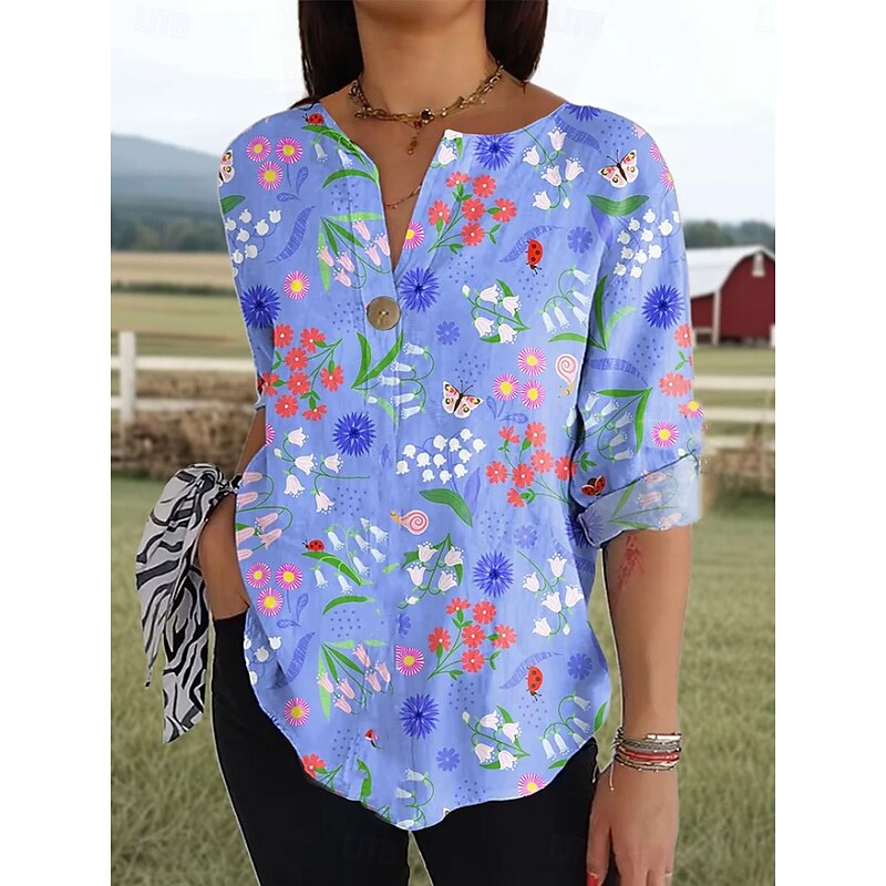 Women's Shirt Long Sleeve  V Neck Floral Graphic Vintage Tropical Hawaiian 3/4 Length Sleeve Crew Neck Regular Tops Daily Holiday Beach Wear Print White Pink Royal Blue Purple Green Summer Spring4