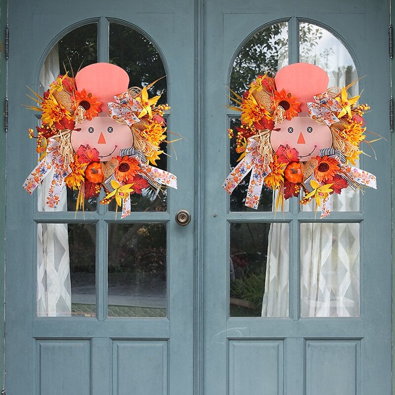 Fall Wreath for Front Door Thanksgiving Autumn Farmhouse Indoor Outdoor Decoration, Rustic Harvest Wooden Sign and Pumpkin Floral Wreath, Halloween Party Door Hanging Decor3