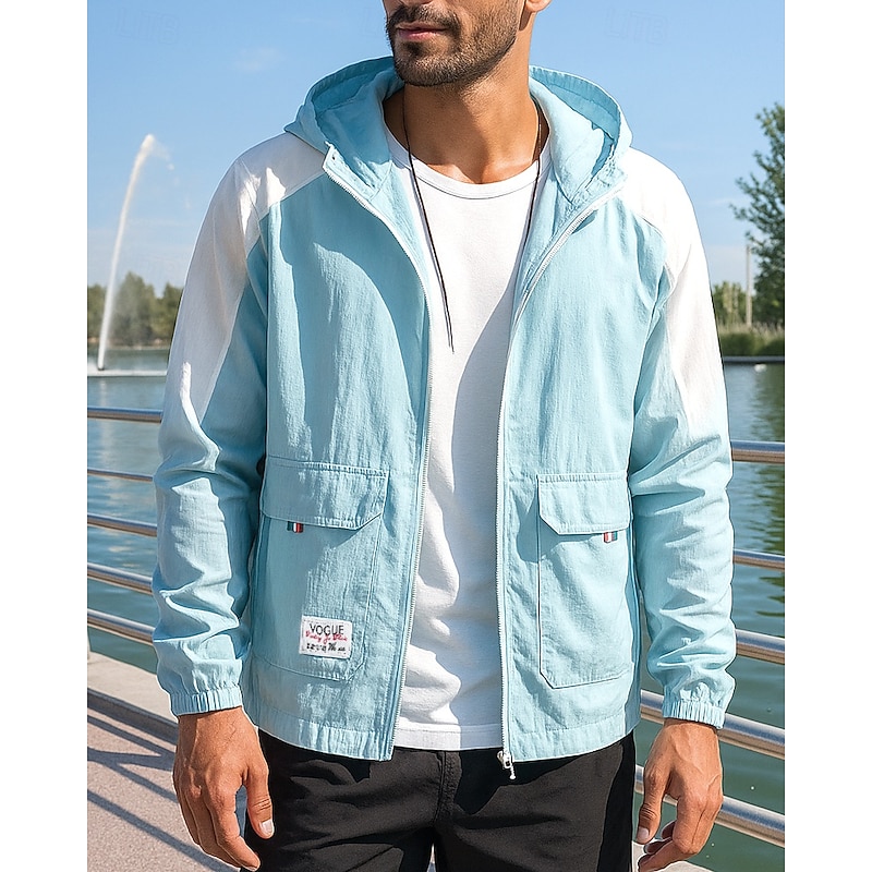 Men's Running Jacket Outdoor Jacket Pocket Full Zip Long Sleeve Outerwear Athletic Color Block Sun Protection Lightweight Breathable Tennis Golf Running Sportswear Activewear Sky Blue Light Grey3