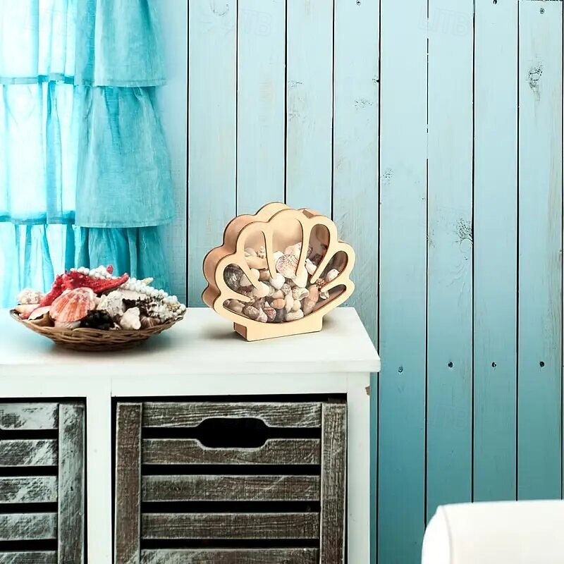 Shell-Shaped Wooden Storage Box, Vintage Style Desktop Tray with Transparent Display, Seashell Jewelry Organizer, Wooden Craft Decorative Storage for Home2