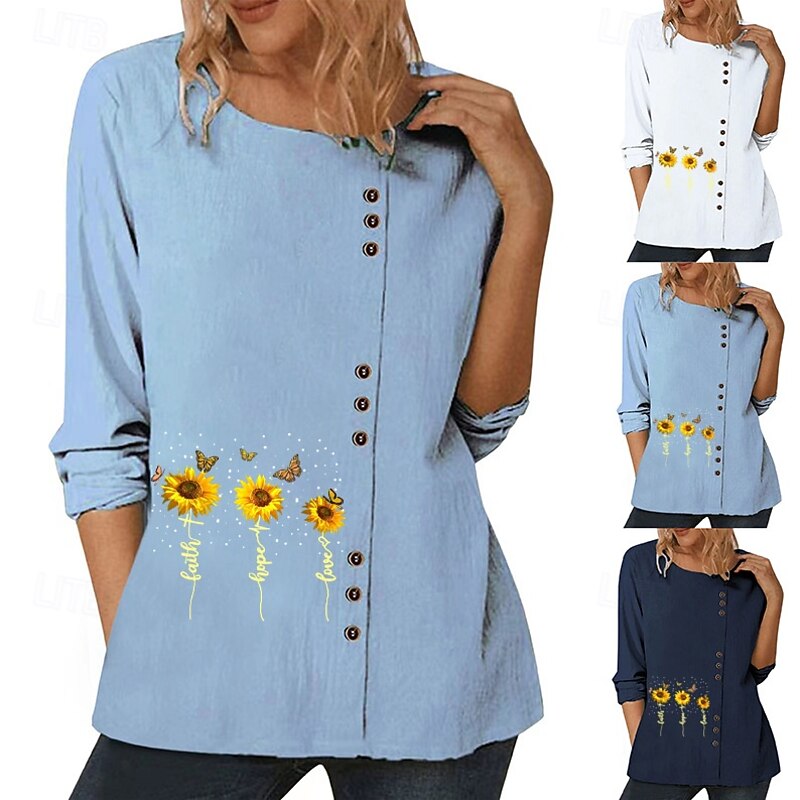 Women's Blouse Floral Graphic Plants Elegant Vintage Fashion Long Sleeve Crew Neck Regular Tops Daily Going out Weekend White Blue Dark Blue Fall2