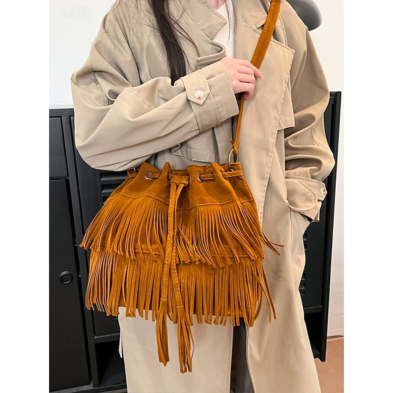 Women's Faux Suede Fringe Bucket Shoulder Bag – Bohemian Drawstring Crossbody Purse for Casual Outings, Festivals and Daily Wear2