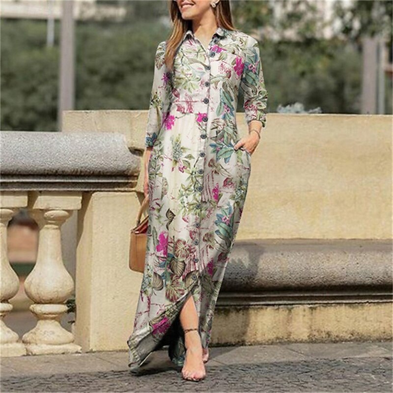 Women's Long Dress Maxi Dress Casual Dress Summer Dress Elegant Fashion Modern Daily Beach Weekend Regular Fit Flower 3/4 Length Sleeve Shirt Collar Yellow Purple Dark Blue Summer Spring3