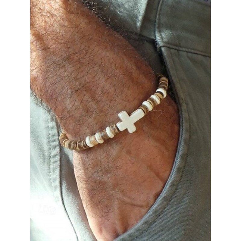 Men's Natural Wood Beaded Bracelet with Turquoise Cross – Handmade Bohemian Stretch Wristband for Casual Wear, Summer Outfits and Beach Vibes
