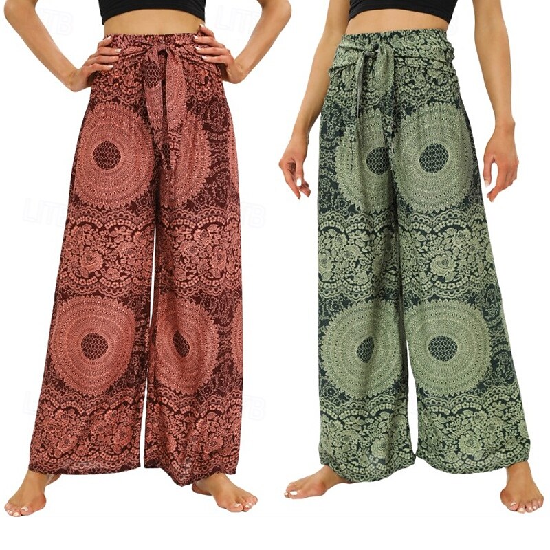 Women's Wide Leg Pants Trousers Casual Boho Full Length High Waist Print Pocket Elastic Drawstring Design Breathability Soft Micro-elastic Vacation Street Daily Wear Red Green Summer Spring Regular