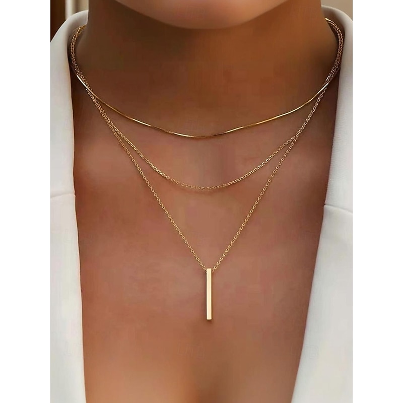Women's Layered Gold Bar Pendant Necklace, Minimalist Multi-Strand Chain Jewelry for Casual, Office and Date Night Wear