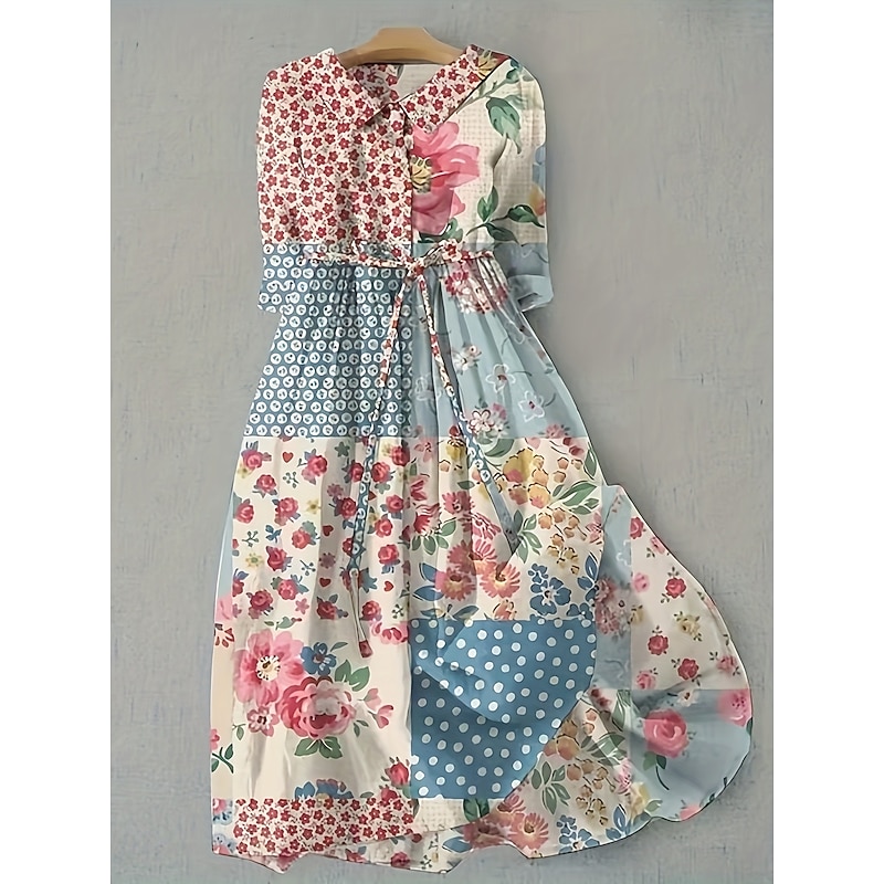 Women's Midi Dress Shift Dress Casual Daily Regular Fit Floral Graphic Half Sleeve Shirt Collar Pink Blue Purple Green Summer Spring3
