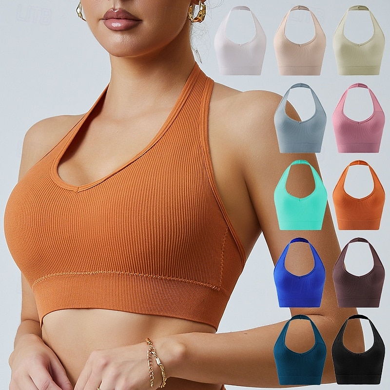 Women's Yoga Bra Sports Bra Pilates Bra Bra Top Push Up Seamless Anti-vibration Wireless Solid / Plain Color Sport Activewear Silver Lake blue Gym Zumba Running